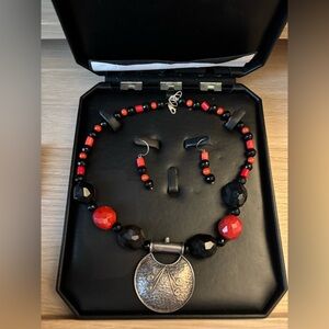 Elegant Black and Red Beaded Necklace and Earring Set